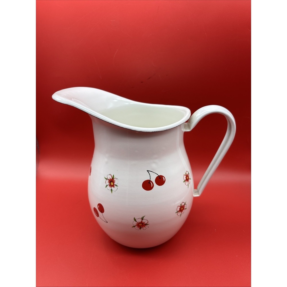 BLUE SKY ENAMELWARE VINTAGE 88 OZ METAL PITCHER - CHERRIES AND CHERRY BLOSSOMS